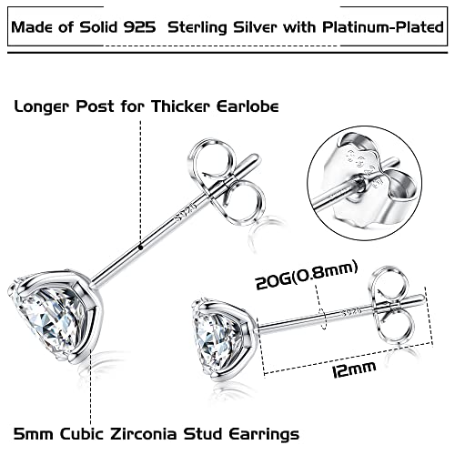 PATISORNA 925 Sterling Silver 5mm Long Post Cubic Zirconia Stud Earrings for Women Men, CZ Studs Earrings Hypoallergenic2