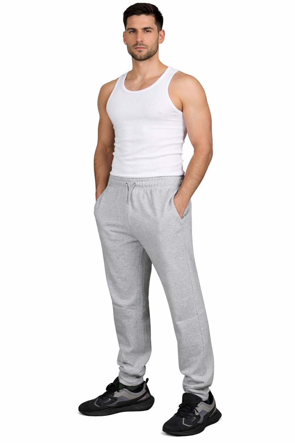 True Face Men's Grey Ribbed Fleece Joggers Jogging Ribbed Bottoms Sweatpants With Zip Pockets Casual Elasticated Pants Tracksuit Trousers For Workouts And Sports Grey S
