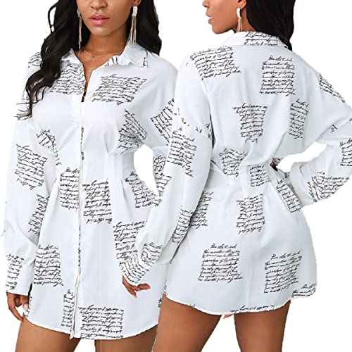 Image of Glozeplus Long Sleeve Button Down Collar Mini Shirt Dress for Women | Trendy script print shirt dress.The button-down front and collared V-neck create a chic.Perfect for office or casual dates.