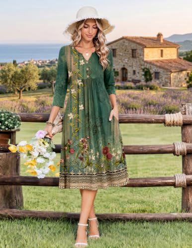 Image of Zeagoo Womens Dresses 3 /4 Sleeve Casual Fall A Line Midi Dress with Pockets