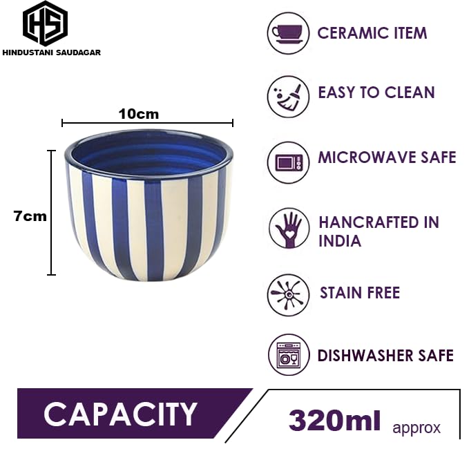 HS Hindustani SAUDAGR Coastal Stripes Ceramic Bowl    Set of 2(320ml Each) Soup Bowl    Without Handle & Spoon Microwave Safe Bowls katori Ideal for Snacks Rice dal Desserts and Gifting. - Image 4 thumbnail