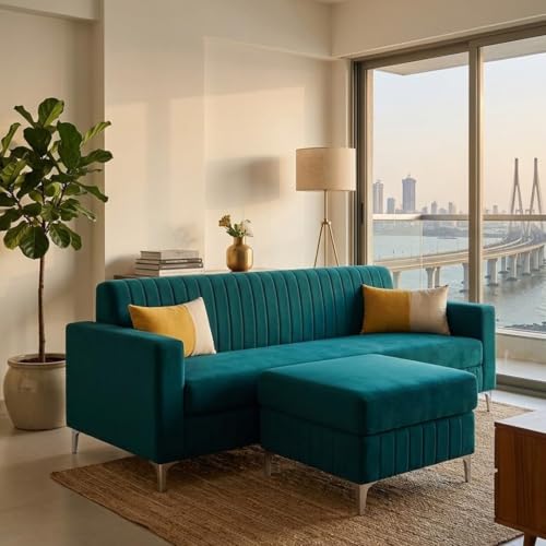 Image of SOCOZI Anton 4 Seater L Shape Sofa Set with Movable Ottoman | Flexible Left or Right Layout | Soft Velvet Suede Fabric | Modern Design | Plush Comfort Cushion for Living Room (Greenish Teal)