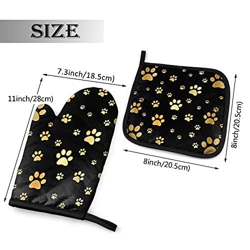 Perinsto Golden Dog Paw Prints Oven Mitts & Pot Holders Kitchen Set Heat Resistant Animal Golden Footprints Decorative Cooking Gloves Microwave Oven Gloves For Baking Grilling Bbq #TOP1