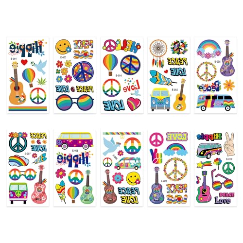 NYGGTYK 10 Pegatinas de Tatuaje Hippie, Temporales, Multicolor, Impermeables, Adecuadas para Niños, Perfectas para Fiestas y Eventos, Bohemia, 6.8 x 12 cm