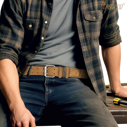 Image of JASGOOD Men Double Prong PU Leather Belt Casual Work Heavy Duty Belt Double Grommet Holes Belt for Jeans