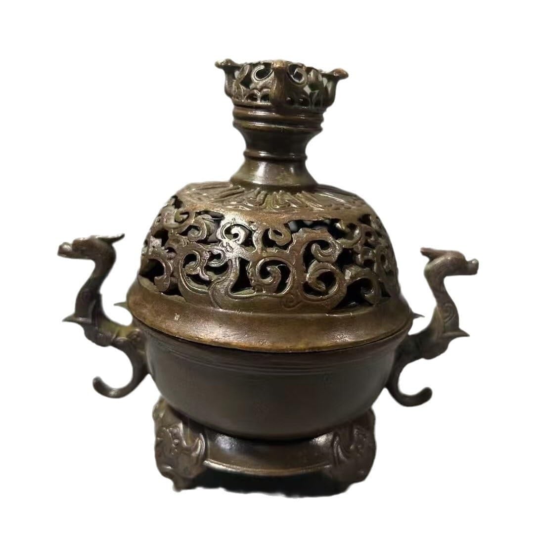 Huolimxun Antique Double Dragon Ears Hollow Copper Incense Burner 10cm High