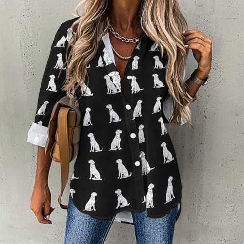 Süßer Labrador-Hunde-Druck Button-Down-Shirts für Damen, langärmelig, Button-Up-Shirt, Bluse, Tops, lässig, Mehrfarbig, M