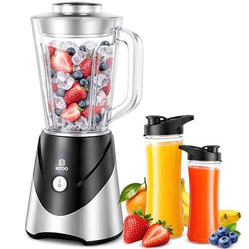 Retoo Blender Batidora de vaso 1200 W 10 en 1, acero inoxidable 1,2 L, 2 x Bidons, Smoothie Maker con función Ice Crush, potente, libre de BPA, ideal para batidos y batidos, multifuncional