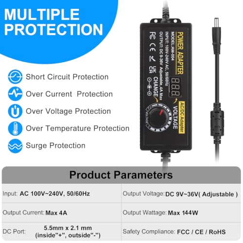 Adaptador de alimentación regulable de 9V a 36V AC/DC de 144W con pantalla LED 3
