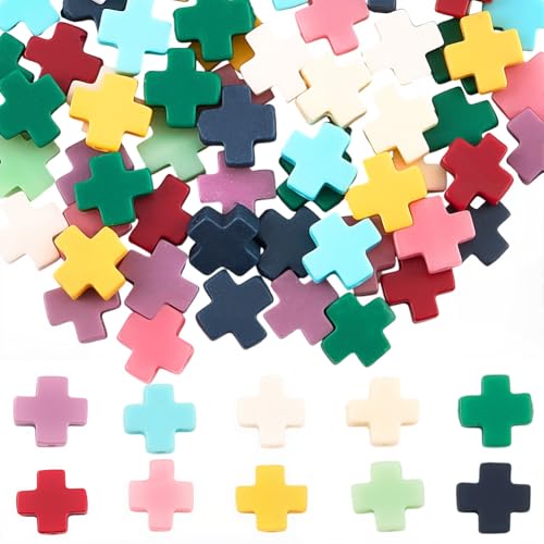 SUNNYCLUE 1 Box 100Pcs Gemstone Cross Beads Crosses Beads Bulk Small Square Coral Stone White Colorful Easter Crucifix Loose Spacer for Jewelry Making Crafts Charms Bracelet Necklace Earring Supplies