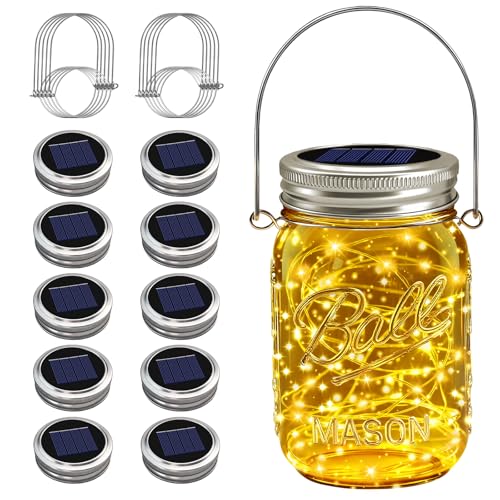 VOOKRY Solar Mason Jar Lights - 10 Pack 30 LED Waterproof Outdoor Fairy Firefly Jar Lids String Lights with Hangers (No Jars) for Mason Jars Patio Garden Yard Party Wedding Decoration(Warm White)