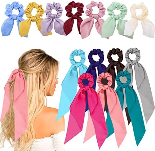 14 Pieces Hair Scarf Scrunchies, Bow Hair Ties, Satin Scrunchies with Bow Hair Ribbon Ponytail Holders, Bunny Ear Hair Bands Bowknot Hair Accessories for Women Girls