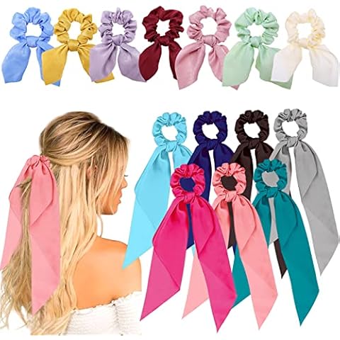 JOACHIO 14 Pieces Hair Scarf Scrunchies, Satin Scrunchies with Bow Hair Ties, Bunny Ear Hair Bands Bowknot Hair Accessories for Women Girls Cover