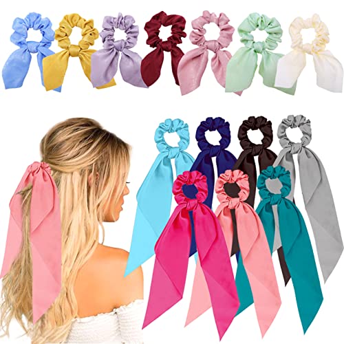14 Pieces Hair Scarf Scrunchies, Bow Hair Ties, Satin Scrunchies With Bow Hair Ribbon Ponytail Holders, Bunny Ear Hair Bands Bowknot Hair Accessories For Women Girls #TOP1