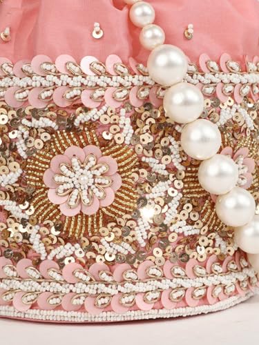 Image of THE TAN CLAN Pushp Zardozi Embroidered Mini Lotus Potli Bag - Handcrafted Silk Pouch with Intricate Zardozi & Lotus Design for Weddings, Bridal Accessories, and Special Occasions
