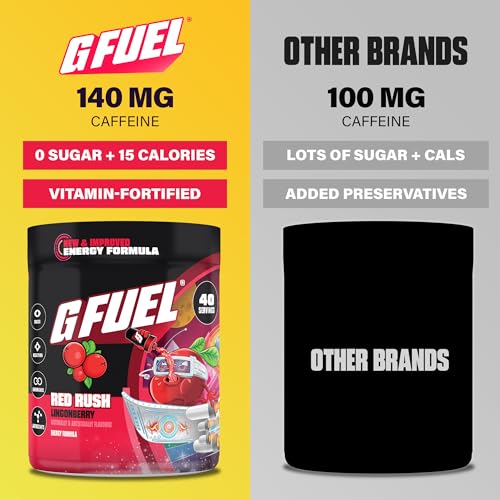 Image of G Fuel Red Rush 2.0 Energy Drink Powder, Pre Workout Caffeine Mix for Gaming, Sugar Free Focus Amino, Vitamin + Antioxidants, 9.6oz (Lingonberry, 40 Servings)