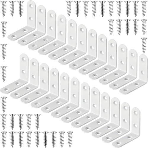 24Pcs White L Bracket 1.57 Inch Stainless Steel Corner Braces, 40x40mm 90 Degree Right Angle Joint Brackets for Wood Furniture DIY Frame, with Screws