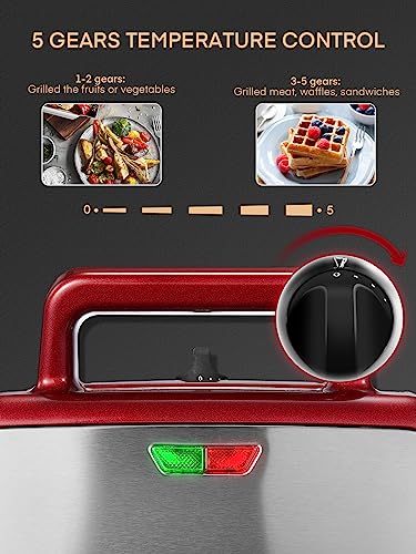 FOHERE Waffle Maker 3 in 1 Sandwich Maker 1200W Panini Press With Removable Plates and 5-gear Temperature Control, Non-stick Coating Easy to Clean,Indicator Lights, Red - Thumbnail 4