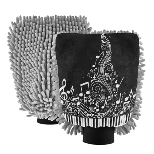 Kigai Black and White Piano Keys Car Wash Mitt Microfiber, 2Pcs Scratch Free Lint-Free, Premium Chenille Microfiber Mitt Car Wash Brush-L