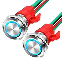 12V Latching Push Button Switch 20A Heavy Duty DC 12 Volt Waterproof Round Switch 16MM Metal Blue LED Ring Illuminated On Off Switch with Pre-Wired for Marine Boat Car Truck - 2Pack