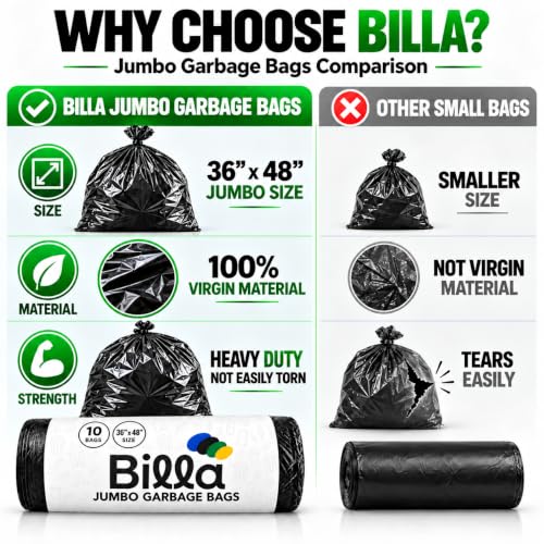 Image of BILLA Premium Jumbo Garbage Bags 36 x 48 Inch (10 Bags) | XXL Heavy Duty Garbage Bags for Dustbin cover | XXXL Big Size Trash Bags for Home, Office, Hotels, Hospitals, Restaurants, Commercial Waste