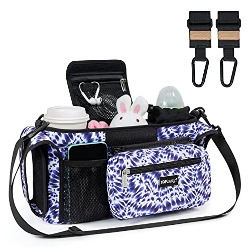 Image of TOPDesign Universal Baby Stroller Organizer, Stroller Caddy with Heightened Insulated Cup Holders & Non-Slip Secure Hooks Accessories, Fits Most Strollers, Machine Washable (Tie Dye)