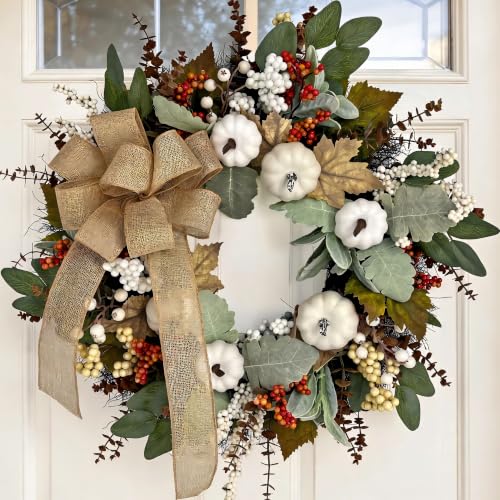 EKIRD 24 Inch Neutral Fall Wreath for Front Door with White Pumpkins & Bow
