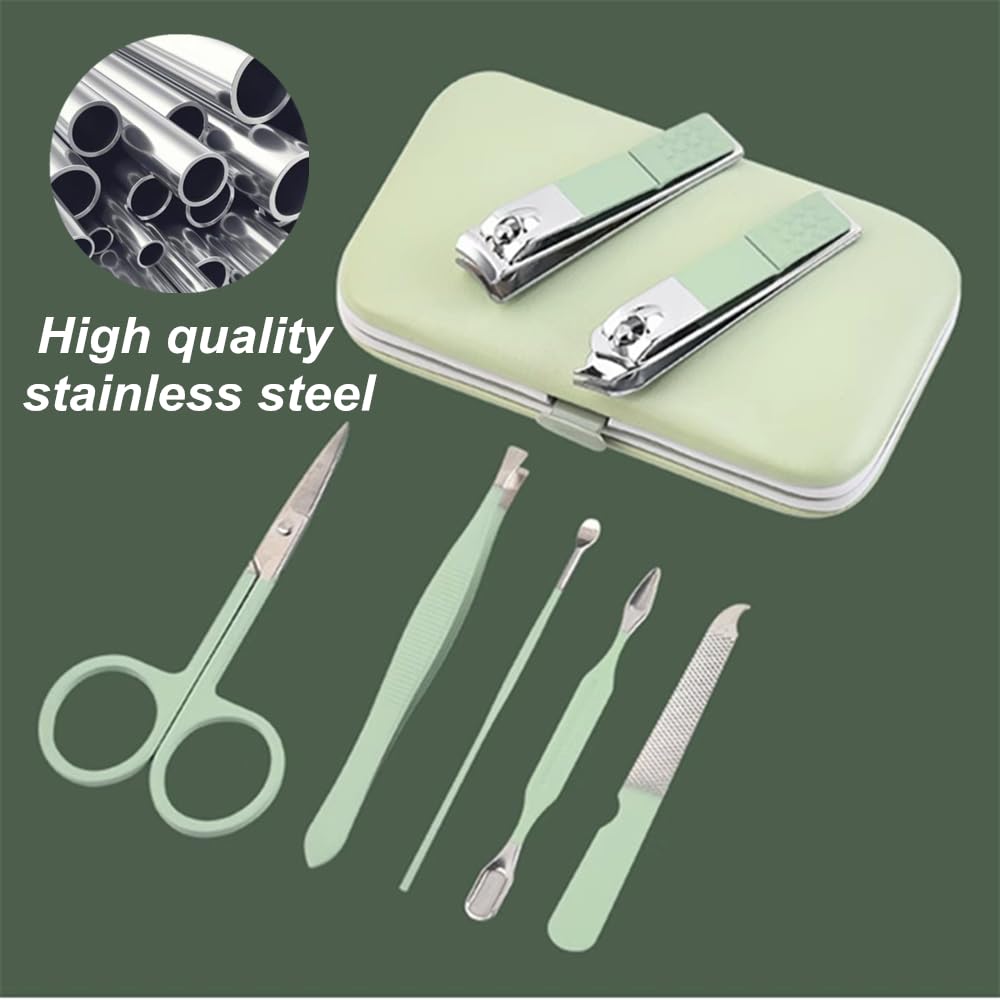 QURIPE Juego de manicura de 7 piezas, kit de cortaúñas, kit de manicura de acero inoxidable, herramientas de corte de uñas, kit portátil de aseo de viaje, el mejor regalo con estuche de lujo (verde)