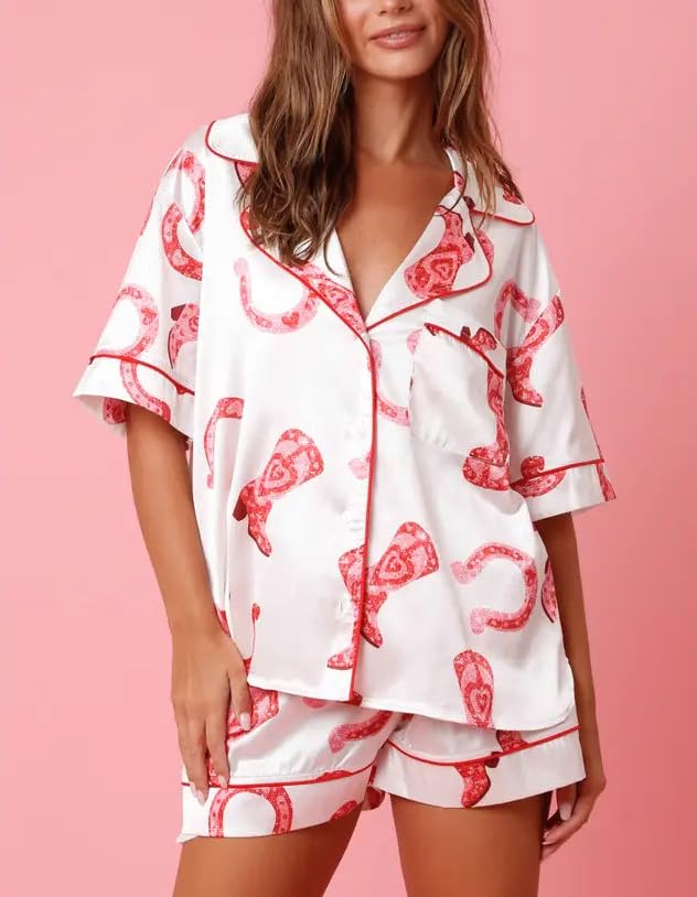 Image of LILTWIST Women Cowboy Boots Pajamas Cute Silk Satin Heart Bow Western Pjs Y2k Short Sleeve Cowgirl Shirts and Pj Shorts Sets