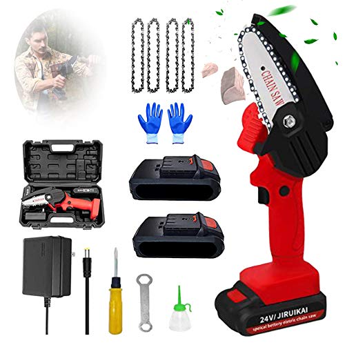 Mini Chainsaw with 2 Batteries and 4 Saw Chains, Handheld Cordless Chainsaw for Tree Branch Wood Cutting Red Battery Chainsaw