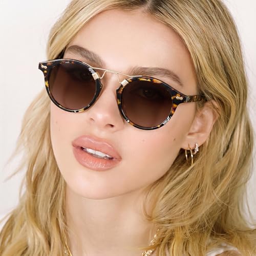 Image of CARFIA Small Face Acetate Polarized Sunglasses for Women UV Protection, Retro Double Bridge Eyewears Metal Brow Round Sunnies