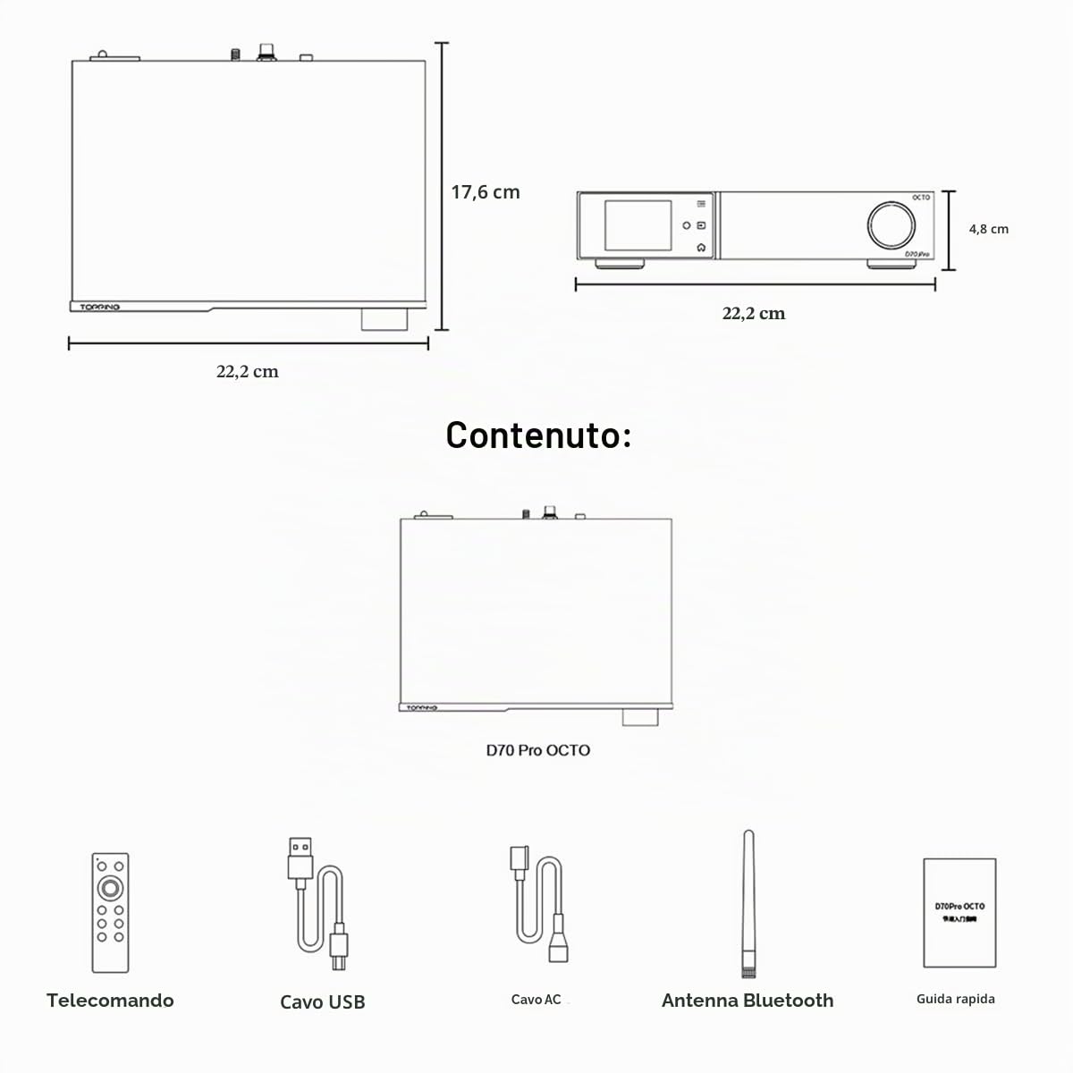 Topping D70 Pro OCTO DAC Full Bilanciato: 8x CS43198 XMOS XU316 DSD512 PCM768kHz, Bluetooth5.1 LDAC, DA ingresso USB/AES/BT/Ottico/Coassiale DAC, supporto Aurora UI/FFT/VU (Nero)