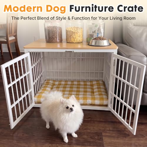 Image of NEWBULIG 38 Inch Dog Crate Furniture for Small Dogs, Space Saving Pet House End Table with Double Lock Door, Heavy Duty Indoor Kennel for Living Room, White & Wood
