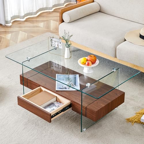 espidoo Modern Glass Coffee Table: Clear Tempered Glass & Dark