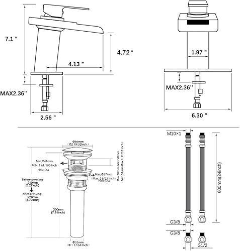 Miniatura 5 de Grifo LED para fregadero de baño, grifo de lavabo de cascada de níquel cepillado de un solo agujero con drenaje desplegable de metal y 2 líneas de