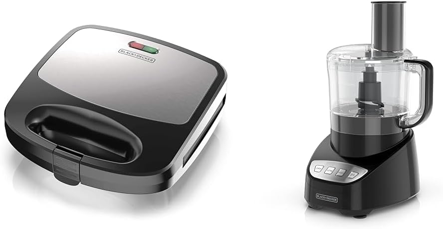Black+Decker 3-in-1 WM2000SD 3-in-1 Waffle, Grill & Sandwich Maker, Compact Design, Black/Silver & Easy Assembly 8-Cup Food Processor