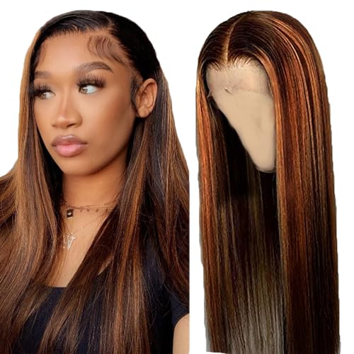 Zeslaerr 5x5 Lace Front Human Hair Wig P4/30 Highlight Chocolate with Light Brown Real Unprocessed Transparent Lace Glueless Virgin Hair Straight wigs For Women 18 Inch