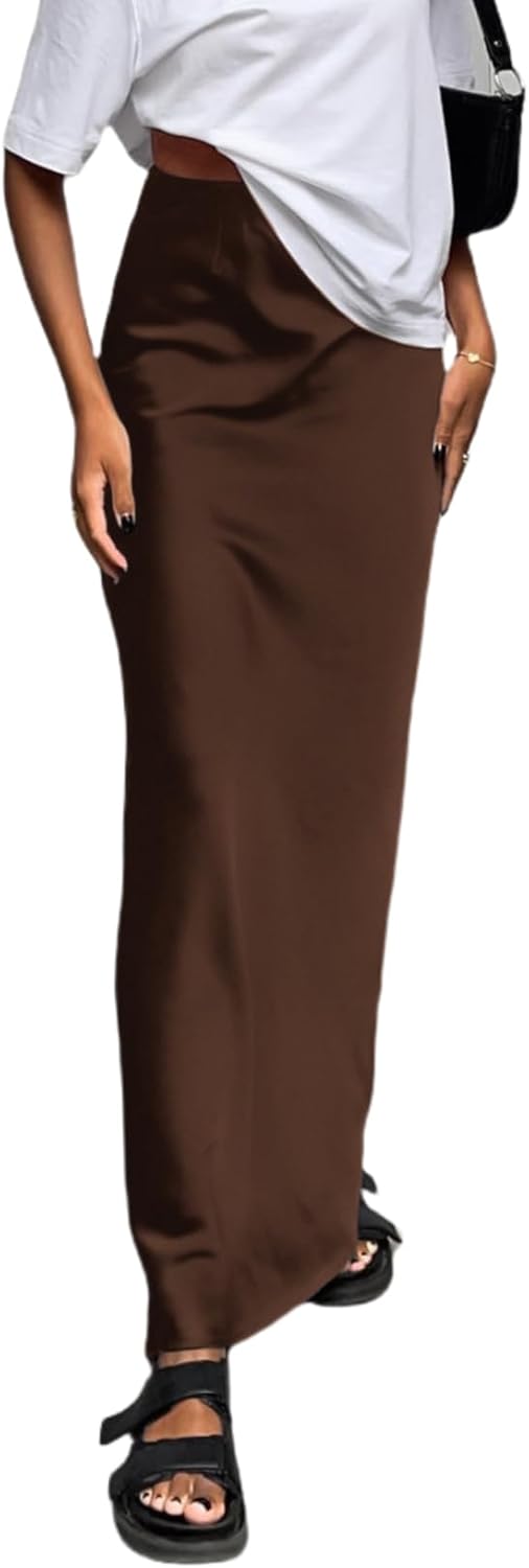 JUMISEE Women's Elegant Satin Silky High Waist Maxi Skirt Flowy A Line Long Skirt Zipper Bodycon Pencil Skirt