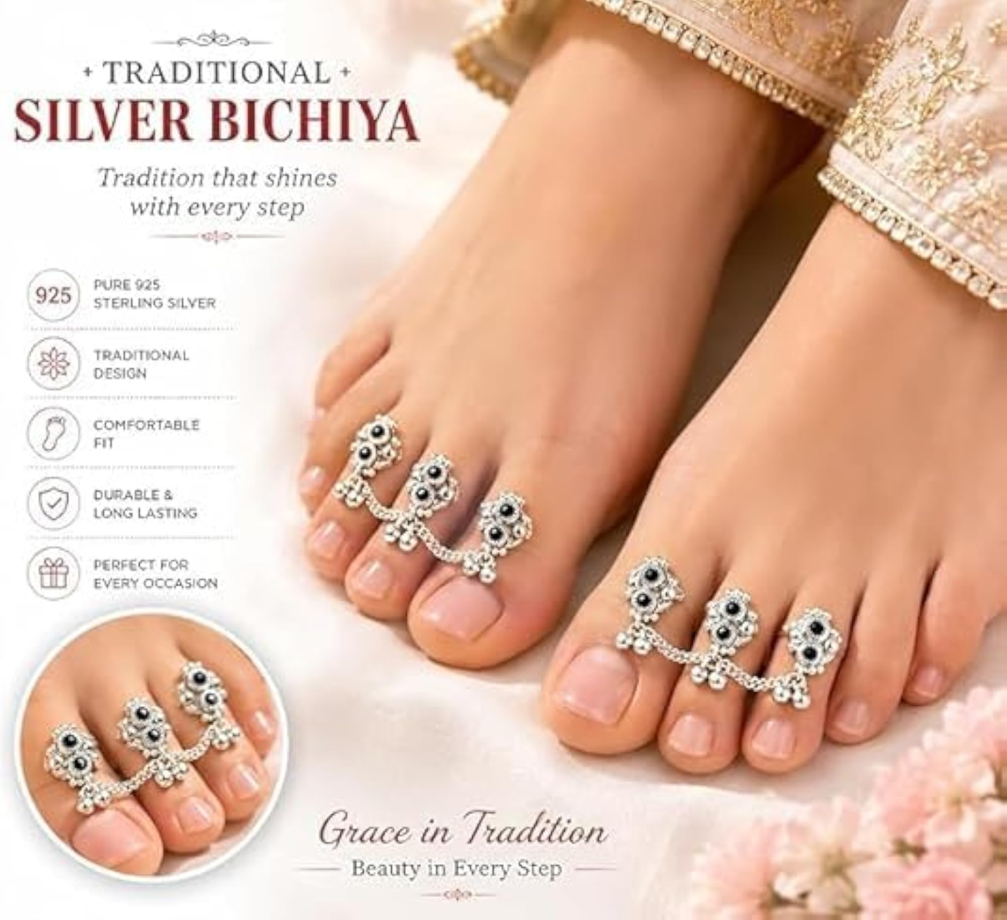 2 Pair Traditional Silver Toe Rings with Black Stone & Chain