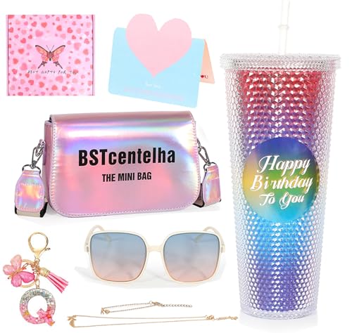 BSTcentelha Gifts for Girl Teenager 9 10 11 12 13 14 Years Easter Birthday Gifts for Girls Teen Age 7-15 Rainbow Glitter Water Bottle with Straw Personalized Presents for Girls (Q)