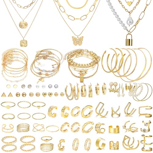 NEWITIN 93 Pieces Gold Jewelry Set for Women Fashion Costume Jewelry Gold Plated Ear Cuffs Necklaces Bracelets Rings Earrings Set for Women