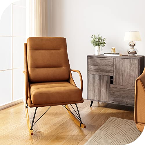 Hernest Faux Pu Leather Rocking Chair Nursery Glider Chair With Cushion And Solid Wood Base Comfy Upholstered High Back Rocking Accent Chair Indoor Arm Chair For Living Room Bedroom Brown #TOP2