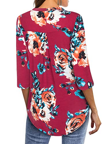 Image of Womens Notch V Neck 3 /4 Sleeve Dressy Tunic Shirts Work Blouse