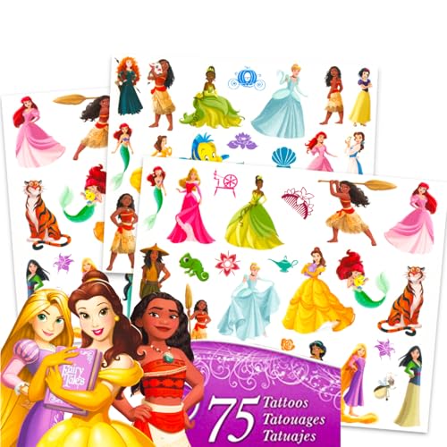 Disney Princess Temporary Tattoos Party Favors Pack - Bundle 75 Temporary Tattoos Featuring Ariel Cinderella Rapunzel More | Disney Princess Party Supplies