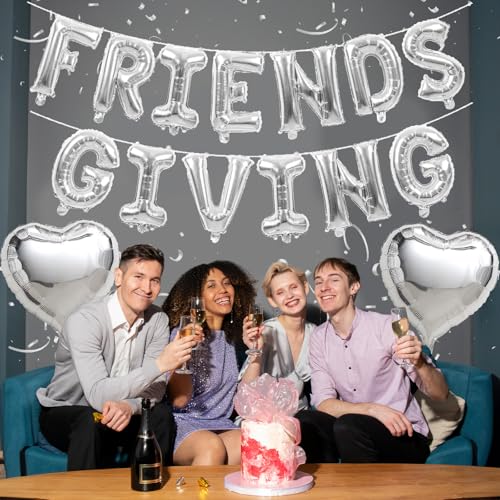 Image of Friendsgiving Balloons Friends Giving Party Decorations 16 Inches Tall Silver Heart Friendsgiving Foil Mylar Balloon Letter Banner for Fall Theme Thanksgiving Friends Party Backdrop Supplies