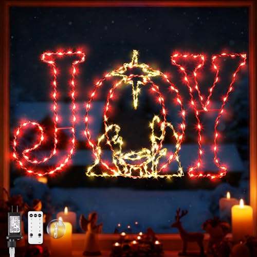 3 Pcs 15'' Christmas Window Lights, 220 LED Large Nativity Scene Joy Silhouette Lights with 8 Modes & Timer, Remote Control Joy Window String Light for Indoor & Outdoor Wall Xmas Decor(Yellow)