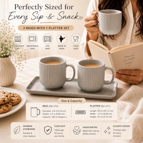 Image of miah decor Ceramic Coffee Mugs Set with Serving Platter, Handmade Stoneware