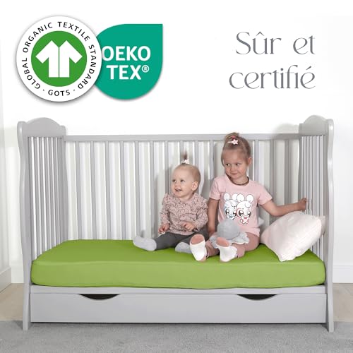 Drap housse bébé 60x120 en pur coton bio vert premium respirant lot de 2