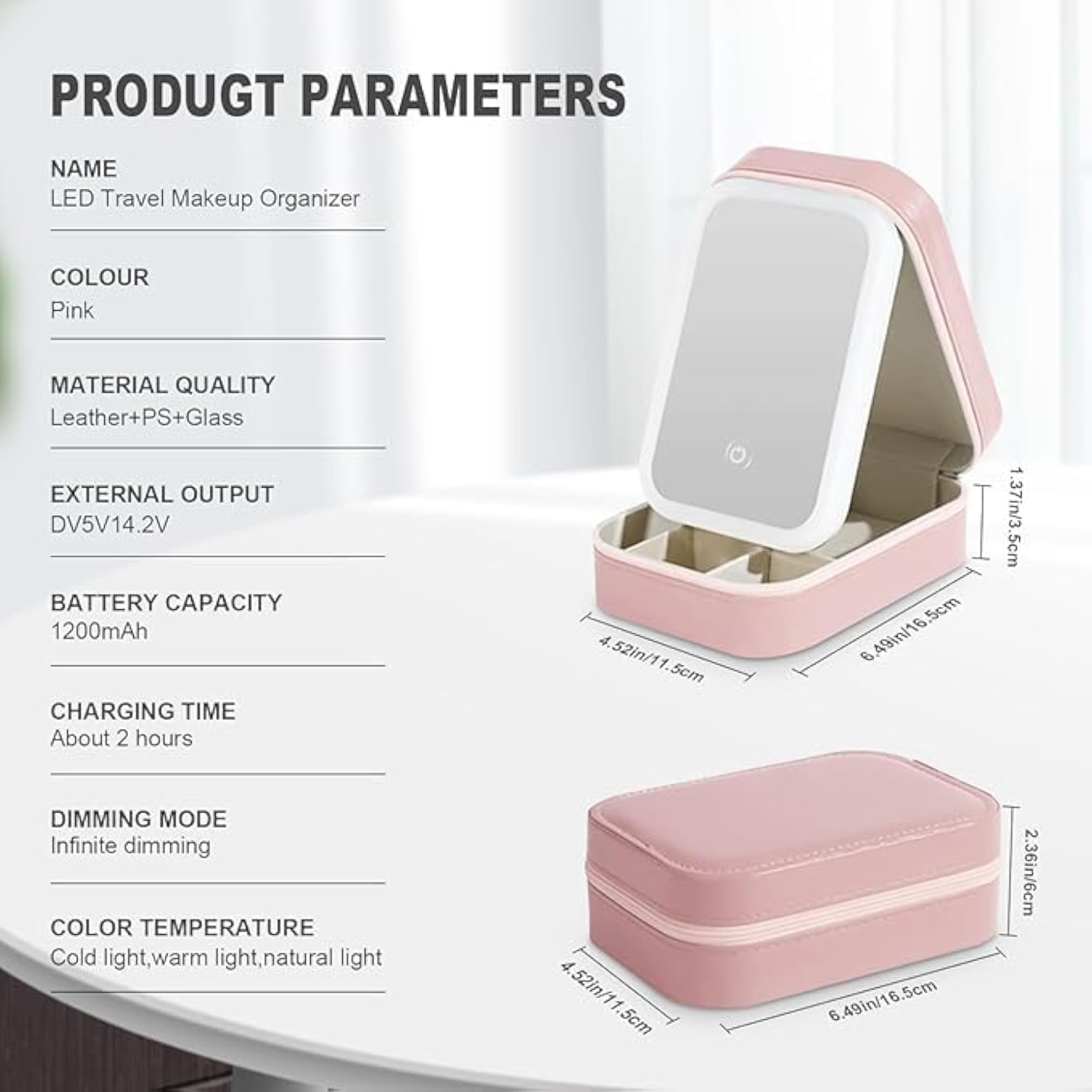 LED Makeup Box with Adjustable Light-Up Mirror, Dust-Proof Case