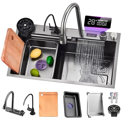 Fregadero grande de un solo tazón, fregadero de cocina con pantalla de temperatura, grifo de cascada, drenaje de perilla, con colador de drenaje y accesorios, un color: 80 x 46 x 22 cm (un color